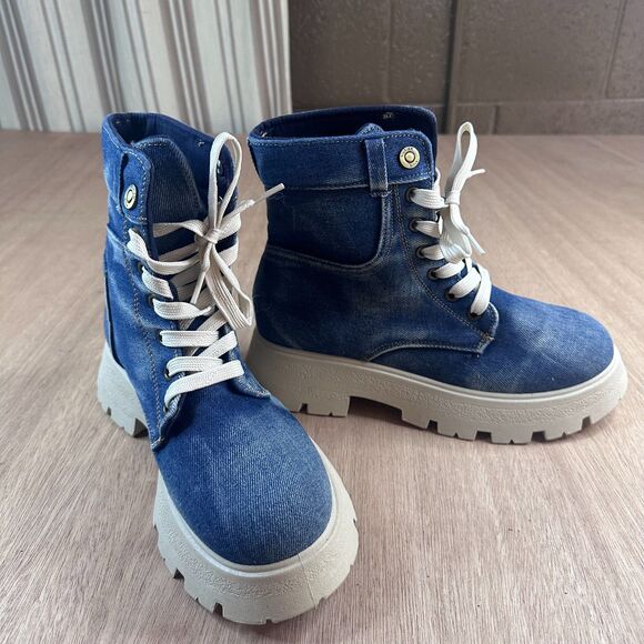 Wild Diva Lounge Denim Lace Up Combat Boots Chunky Platform Lug Sole Size 7 - Picture 1 of 6